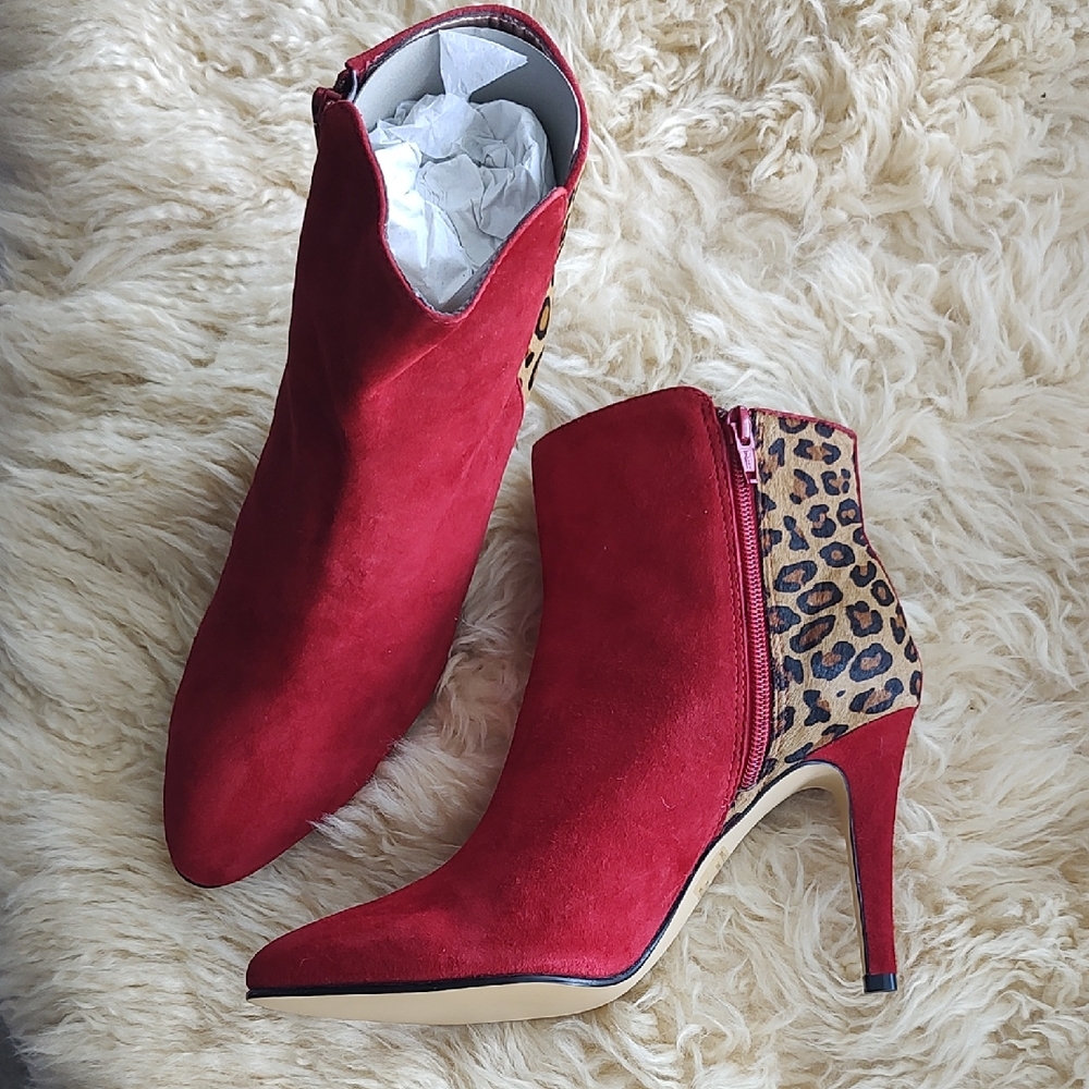 Chico's Red Heeled Boots with Leopard Accent